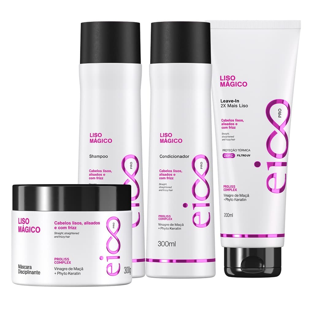 Eico Pro Liso Mágico Shampoo Condicionador 300ml Pós Progressiva Tratamento Máscara Efeito Liso 300ml e Leave-in 200ml