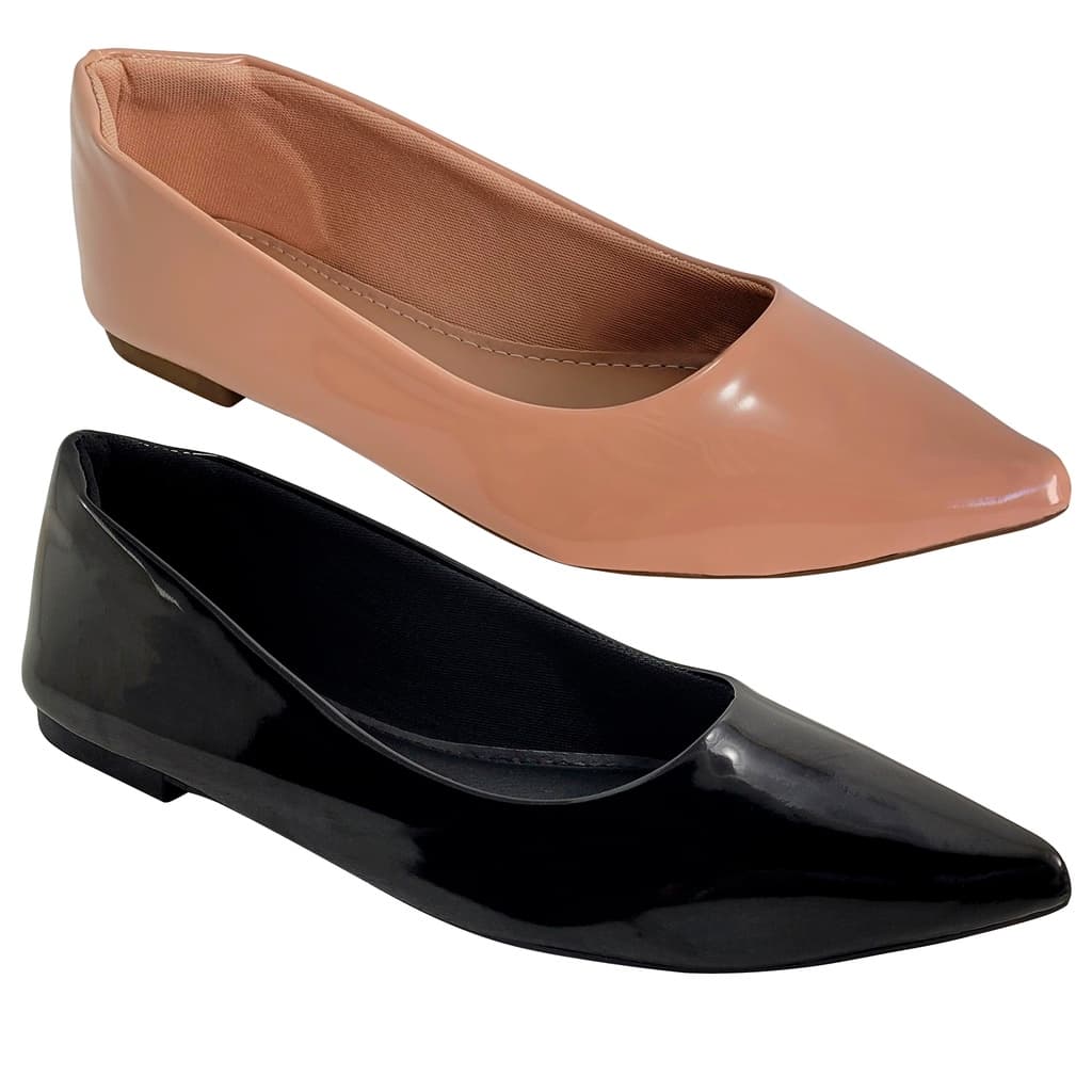Kit Sapatilha Feminina 2 Pares Verniz Lisas Confortável Preta Branca Off White Nude Casual Sapato Rasteirinha Feminino