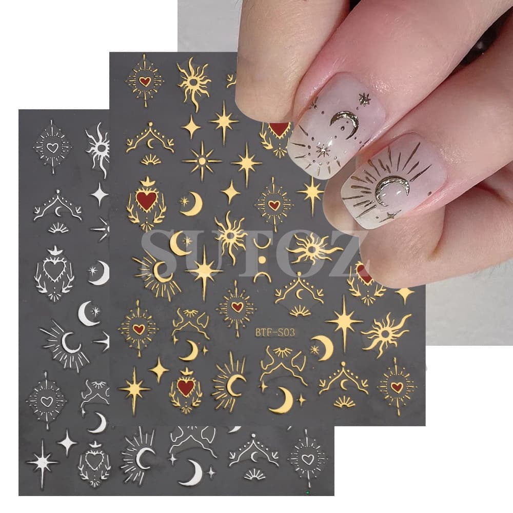 3 pçs/set 3D Manicure Adesivo Dourado Brilhante Sol Lua Estrela Adesivo Unhas Adesivo