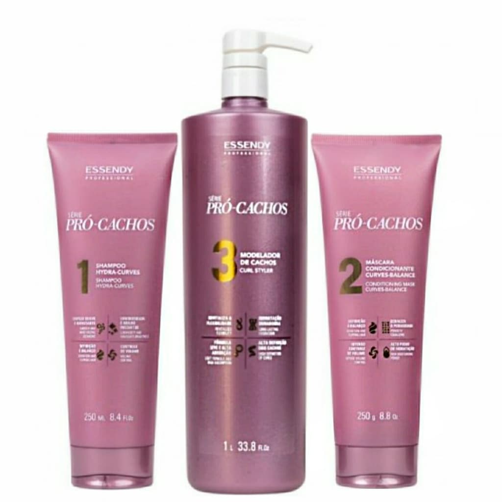 Kit Shampoo e Máscara 250ml + Modelador 1L Pro Cachos Essendy - 3 Produtos Para Cabelos Crespos Cacheados e Ondulados