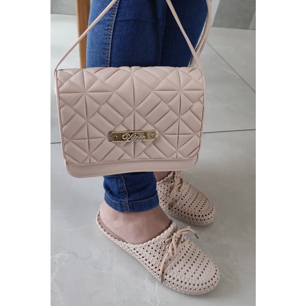 Bolsa geometrica e Mule feminino sandália sapatilha bico redondo