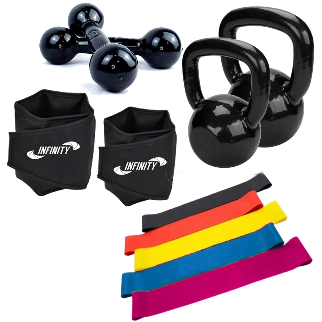 Kit treino c/ Kit mini band 5 + Caneleira+kettlebells+Halter
