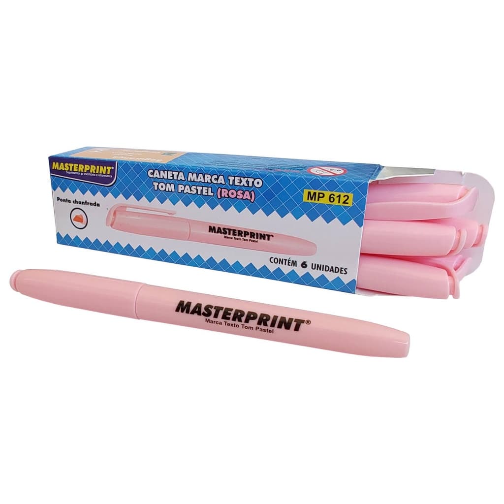 Caixa com 6 Canetas Marca Texto Rosa Tom Pastel Ponta Chanfrada Masterprint MP 612