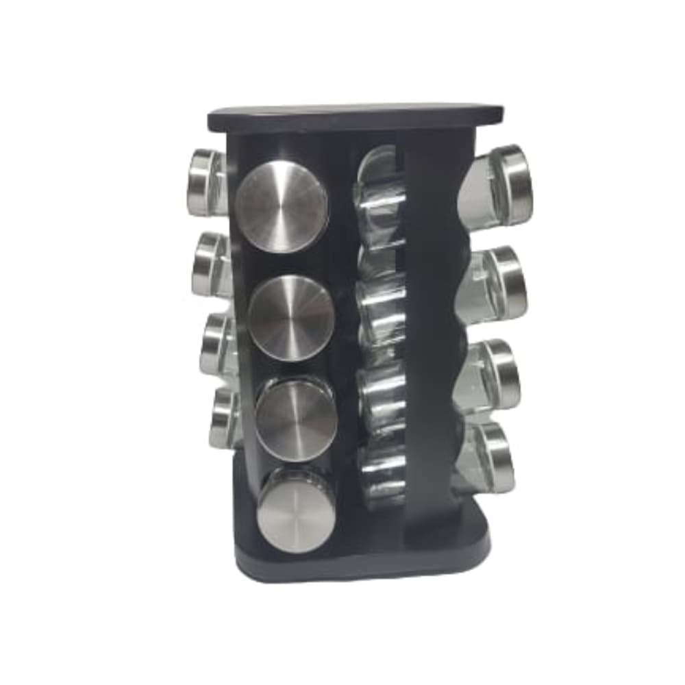 Porta Temperos e Condimentos de Inox Quadrado  Cor Preto com 16 Potes de Vidro com Tampa Giratório