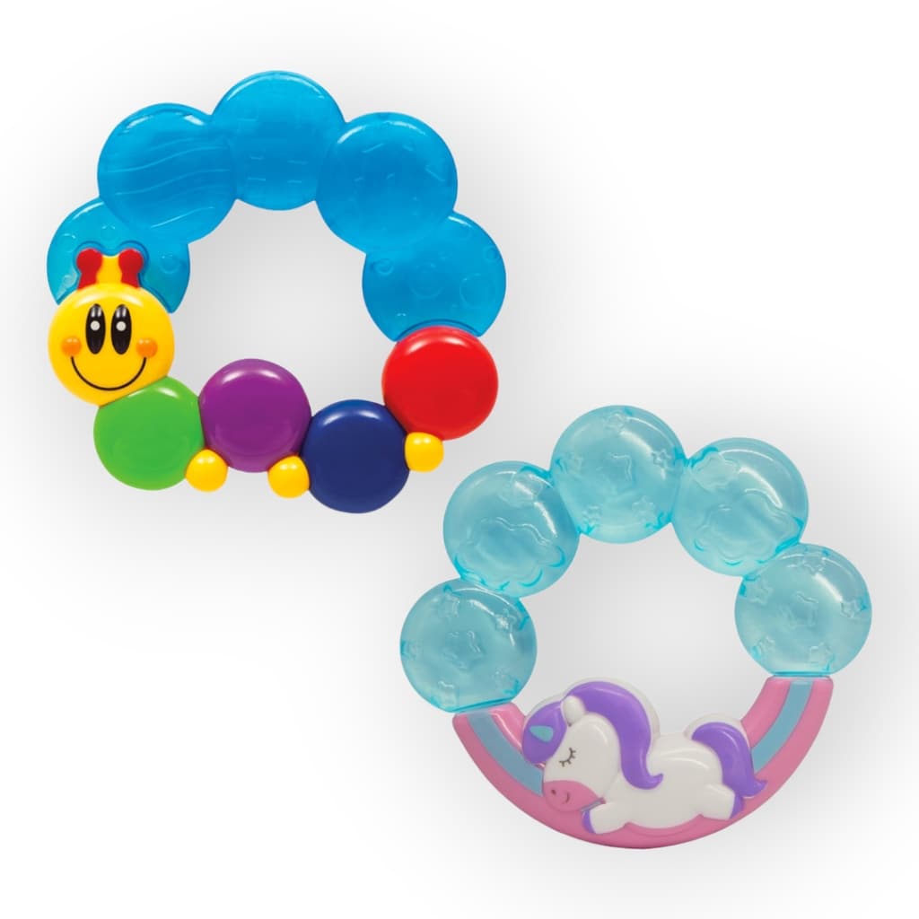 KIT 2 MORDEDORES INFANTIL ARGOLA COM AGUA TEXTURA MACIA MASSAGEAR GENGIVA BEBE BUBA