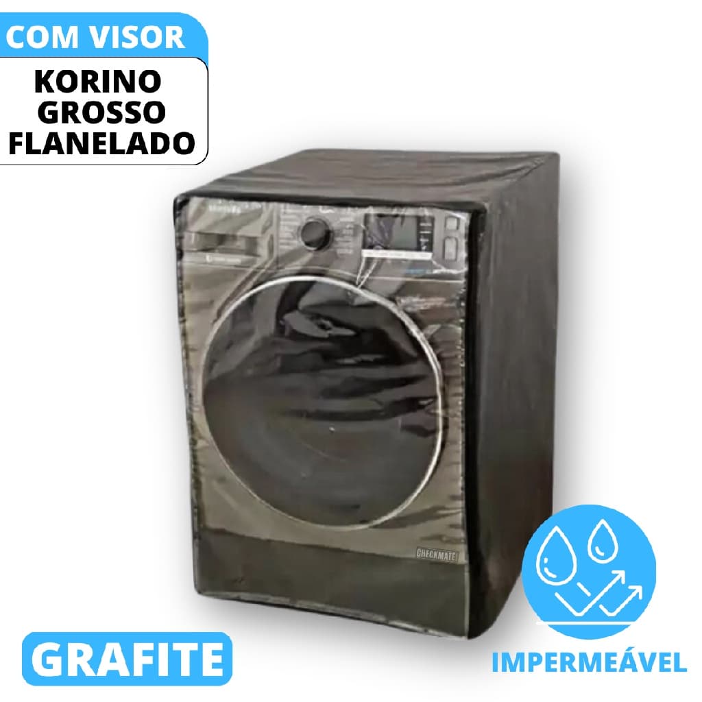 Capa Para Máquina de Lavar Frontal LG Samsung Electrolux 9 kg 10 kg 11 kg Corino e Visor Transparente Cor Grafite