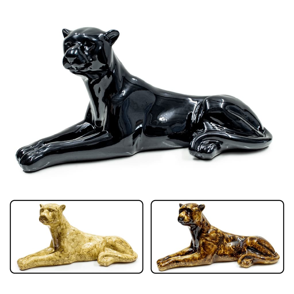 Estátua Pantera Negra Decorativa De Cerâmica Grande Brilhante Escultura Em Pose Deitada Elegante Enfeite Sala Casa 55x26