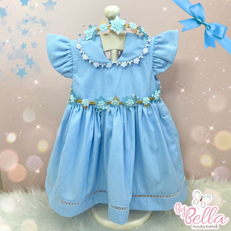 VESTIDO AZUL BEBÊ COM CINTO E TIARA MENINA INFANTIL