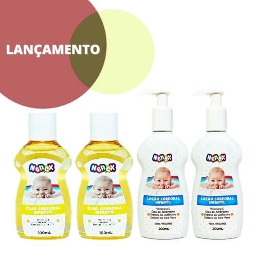 Kit Higiene Bebê Nenex - 2 Loções 200ml + 2 Óleos 100ml - 4 Itens