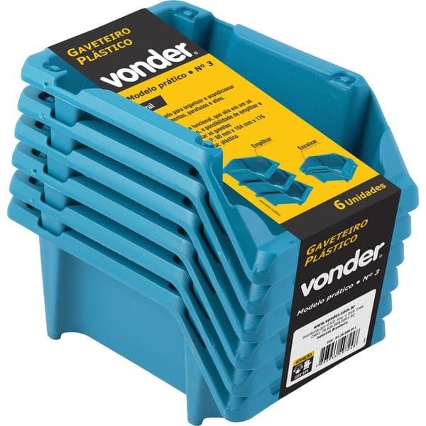 Gaveteiro Plástico, Jogo Com 6 Peças, Modelo Prático, Nº 3, Azul, VONDER