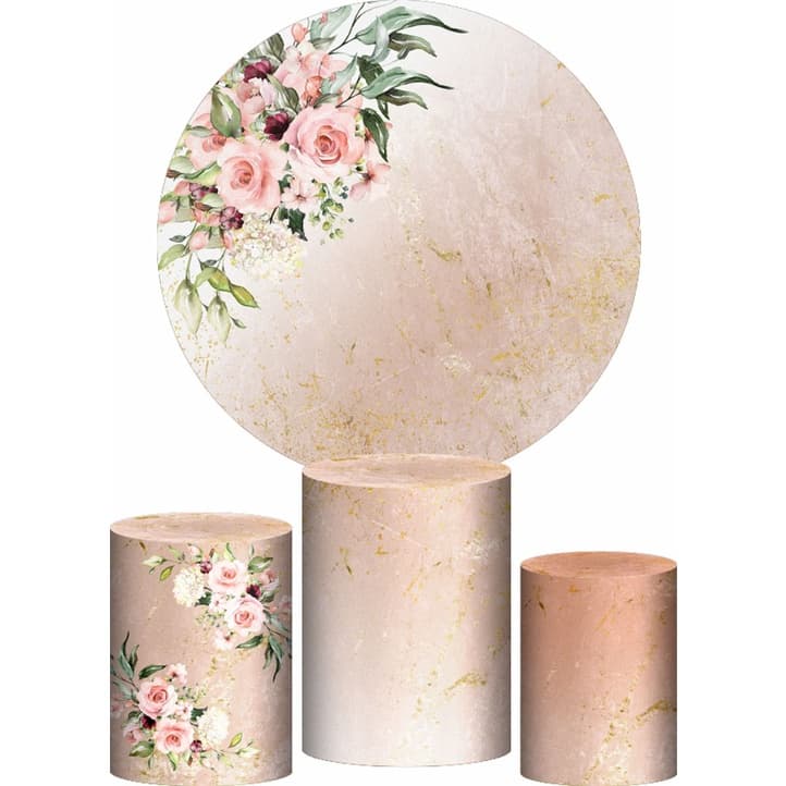Trio Capa Cilindro + Painel Redondo 3D Floral Mármore Veste Fácil