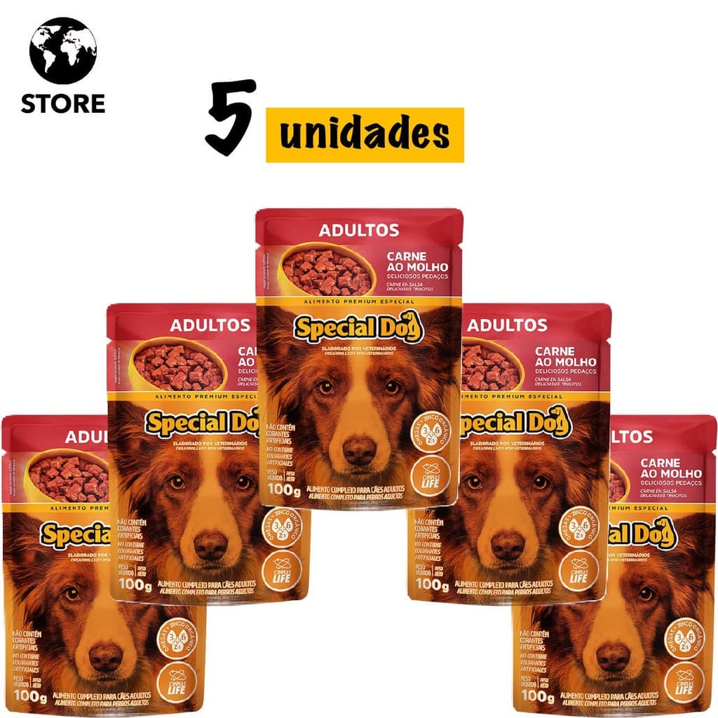 5 unidades Ração Úmida Special Dog Sachê Carne para Cães Adultos