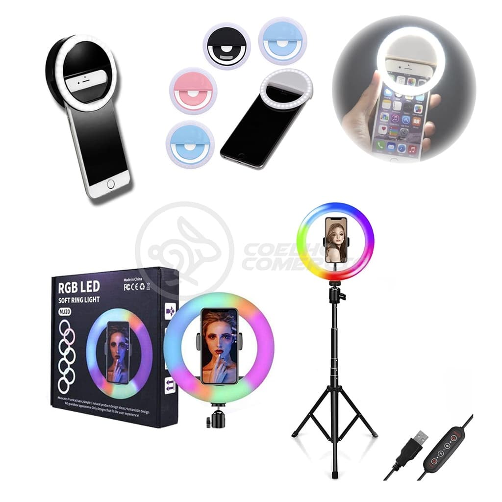 Kit Iluminação Profissional - Ring Light RGB com Suporte de Celular, Tripé 1,5m e Mini Ring Light