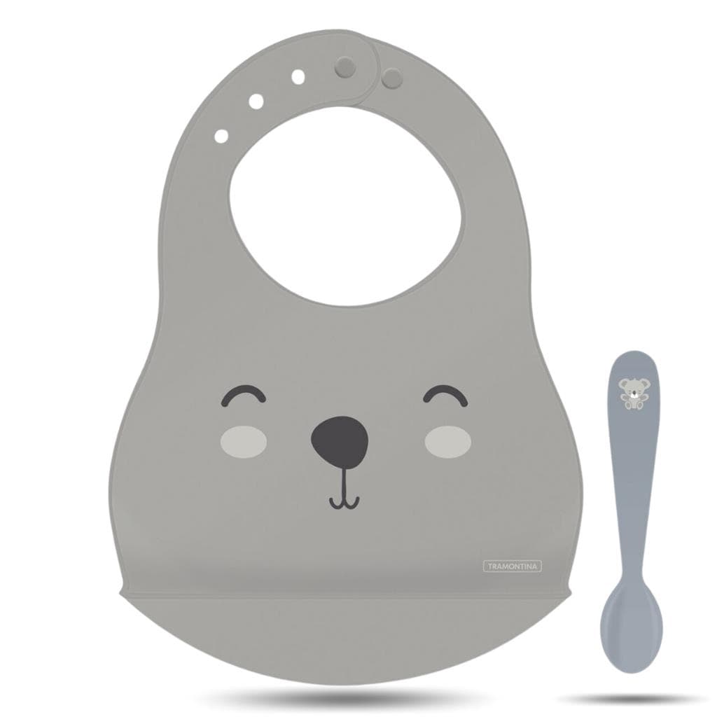 Babador De Silicone E Colher Infantil Tramontina Kit Introdução Alimentar Pega Migalha