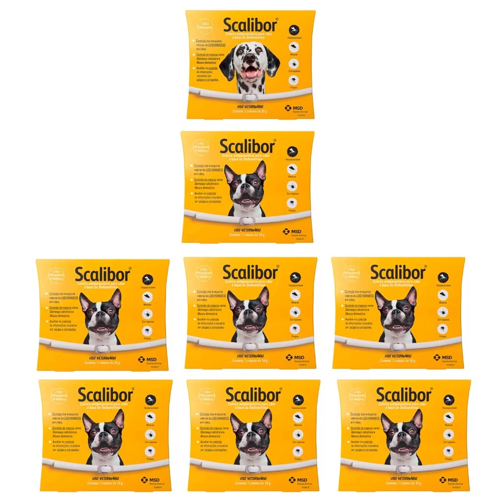 7 Coleiras Scalibor P 48cm +1 Scalibor G 65cm Antipulgas MSD