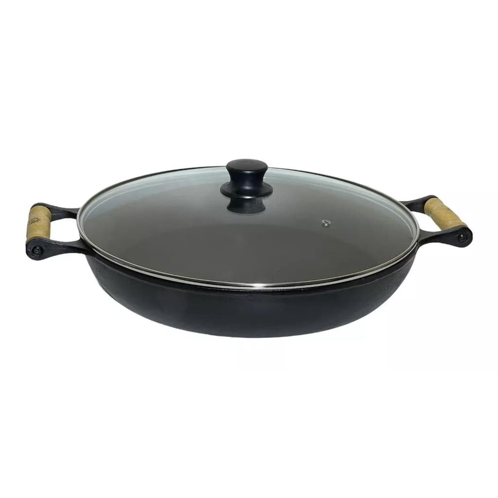 Frigideira Paella Ferro Fundido Com Tampa De Vidro 36 Cm Lib
