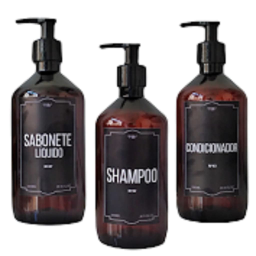 Dispenser Ambar Plástico para Shampoo Condicionador e Sabonete Líquido 3 Peças Preto