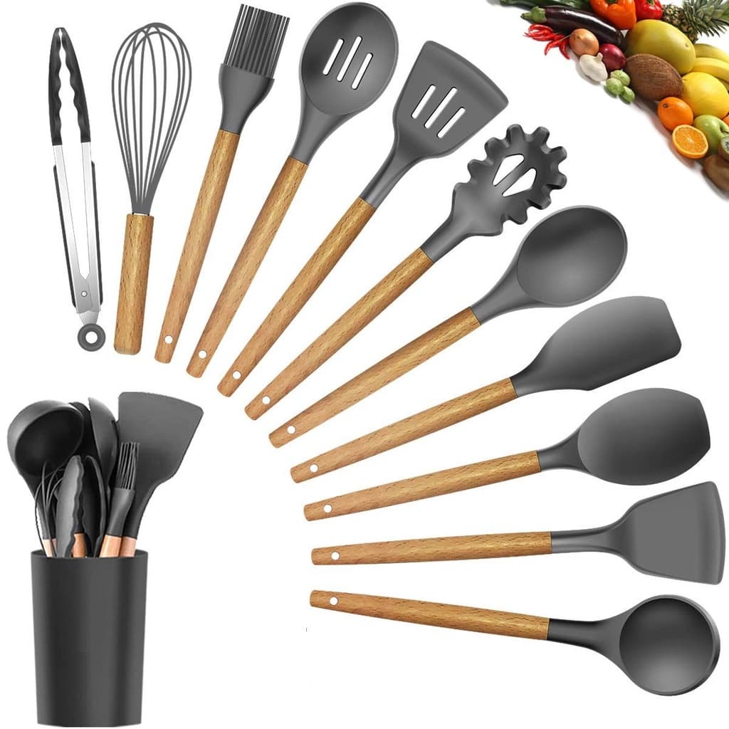 Kit C/12 Utensílios De Cozinha Preto Silicone Cabo Madeira