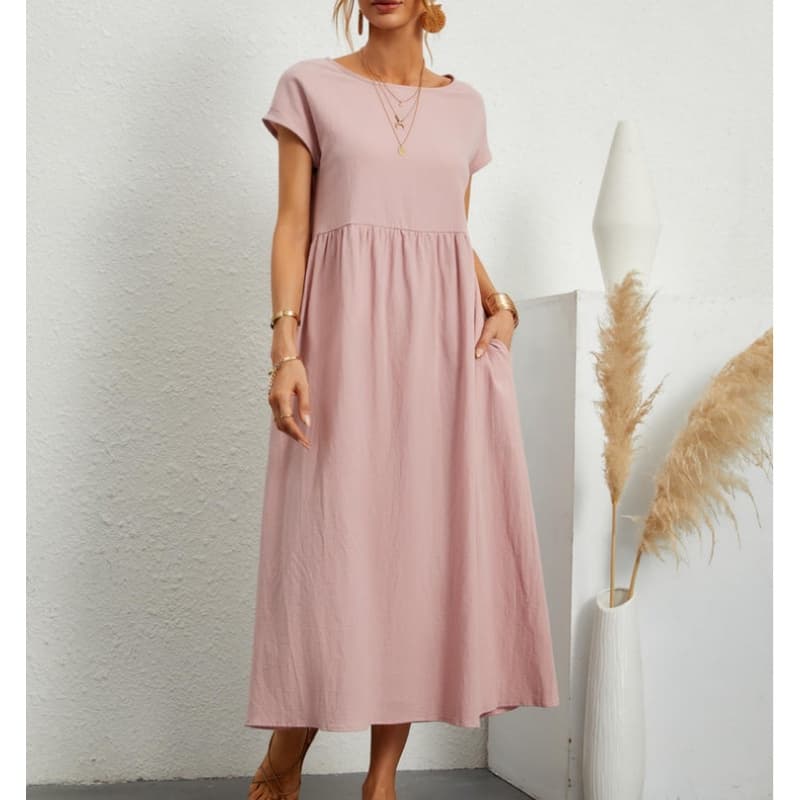 Moda Feminina De Verão Vestido De Bolso De Linho De Algodão Sólido Sem Manga Feminino De Pescoço Redondo Linha A S-5XL