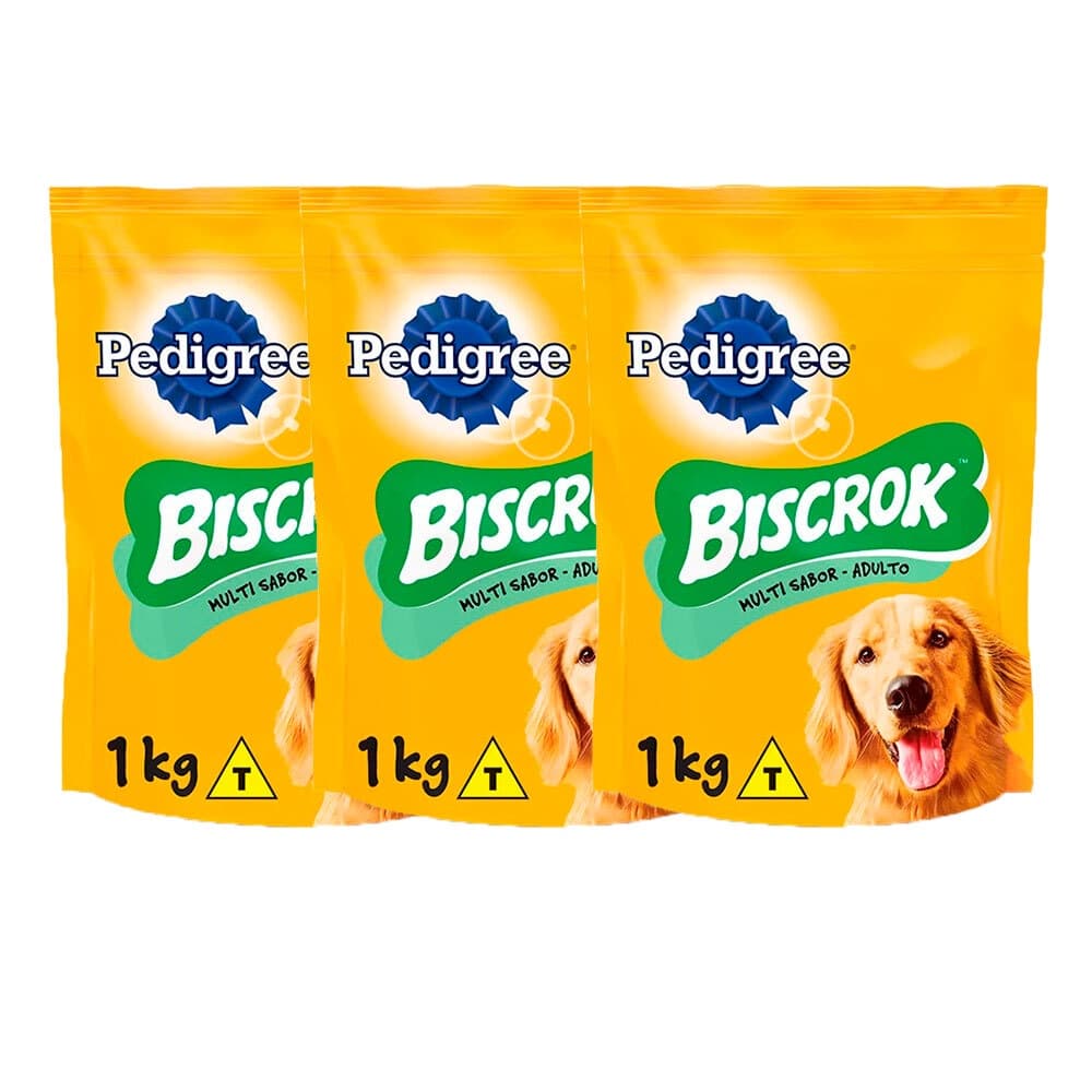 Kit 3 Biscoito Pedigree Biscrok Multi Cães Adultos 1kg