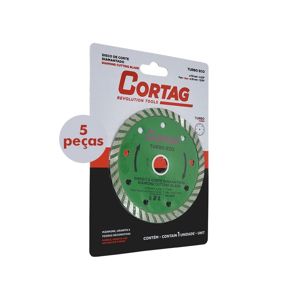 Kit Disco Corte Diamantado 4.3/8'' 110mm Furo 20mm Turbo Eco Cortag Com 5 Peças