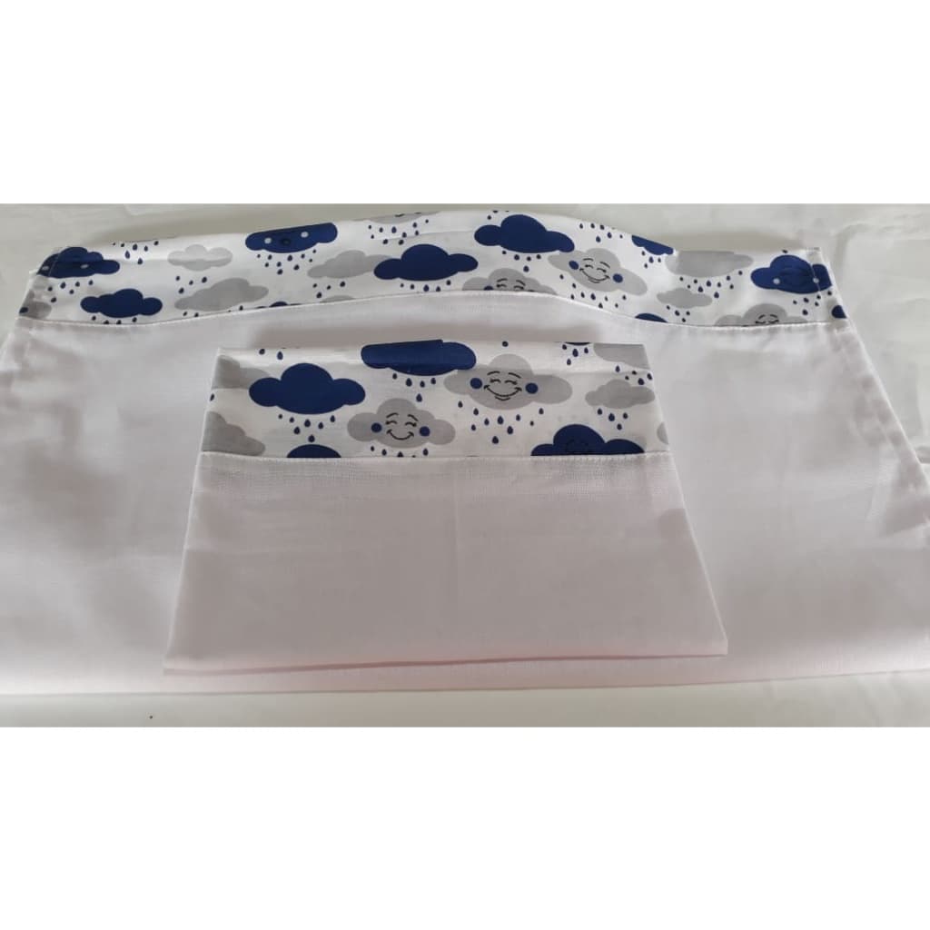 Jogo de Lençol Para Mini Berço Menino Branco com Nuvem Marinho 38cm Colchão - Kit Lençol mini berço Menino Micofibra Poliester 3pç