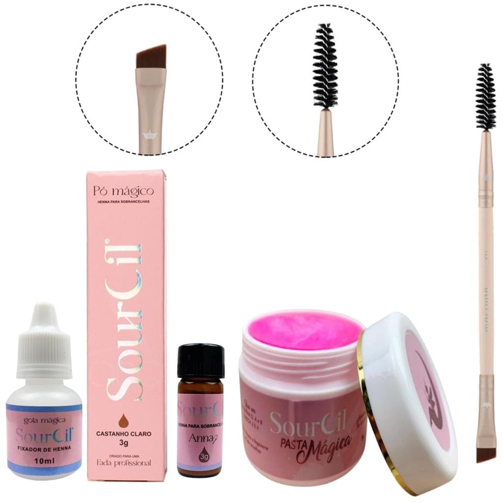 Kit Henna Sobrancelha Sourcil Pasta Magica Gel Modelador e Pincel Rosa Maquiagem Macrilan