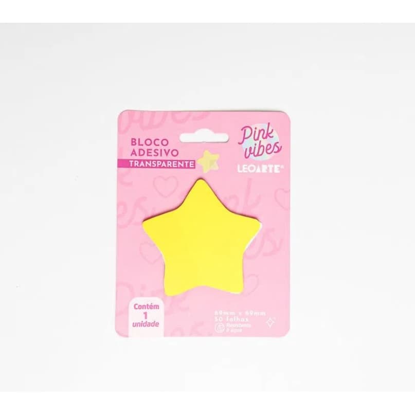 BLOCO ADESIVO PINK VIBES TRANSPARENTE ESTRELA 72MMX72MM 50F LEOARTE Leo&Leo