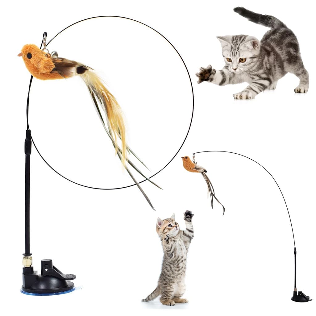Brinquedo Interativo Varinha De Gatos Pássaro Com Ventosa Que Fixa No Chão Para Gatos Adultos e Filhotes