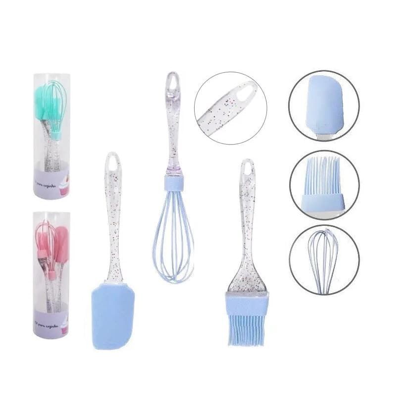 Kit Confeiteiro com Espátula Pão Duro / Pincel Culinário / Batedor Claras Cabo Acrílico com Glitter