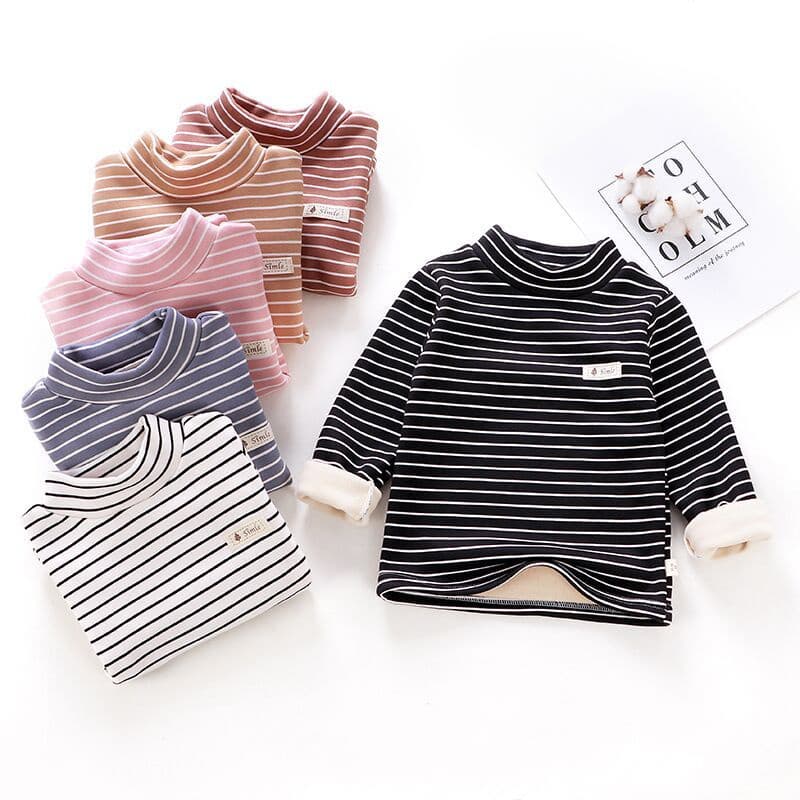 [ZY] 80-160cm Camiseta Casual de manga comprida para crianças mais camiseta de manga comprida listrada de veludo mais camiseta de inverno feminina de outono com meia-calça alta Camiseta de baixo para meninos Camiseta de baixo para bebês com gola alta Swea