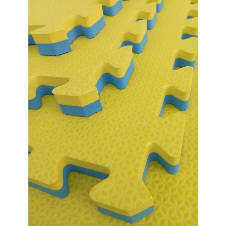 Kit 12 Tatames Tapetes EVA Dupla Face Azul com Amarelo 50x50x2cm 20mm Premium com Bordas Acabamento