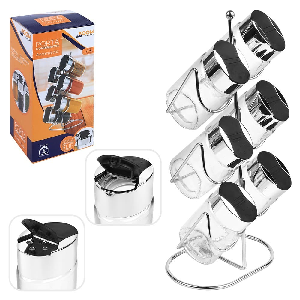 PORTA TEMPERO 6 POTE VERTICAL DE VIDRO E SUPORTE INOX ARAMADO
