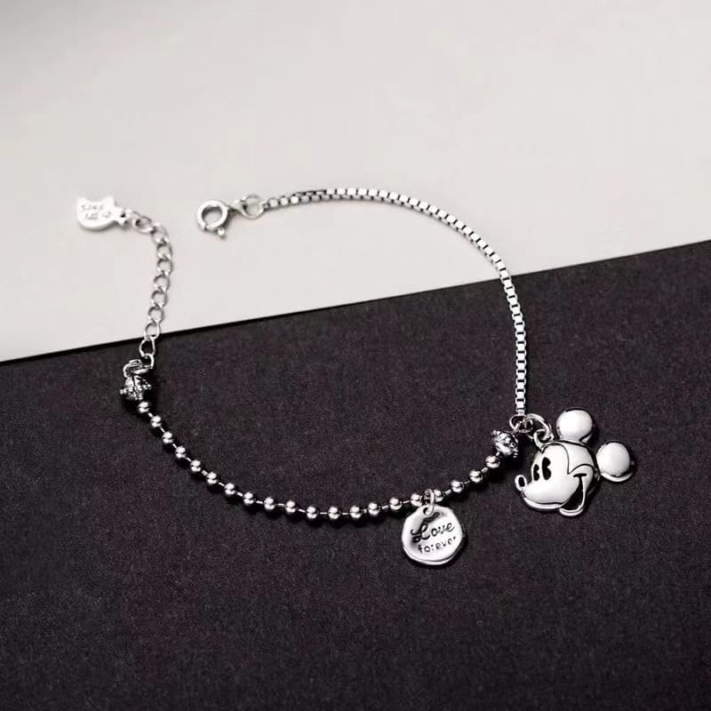 S925 Mickey Mouse Fêmea Retro Velha Pulseira De Cabeça De Rato Estudantil Européia E Americana Assimétrica Coreana