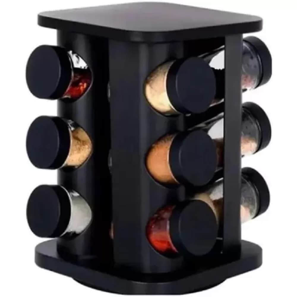 Porta Temperos e Condimentos de Inox Quadrado cor Preto com 12 Potes de Vidro e Base Giratória
