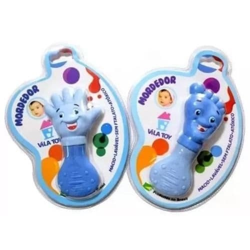 Kit 2 Mordedores Bebê Mãozinha e Pezinho Silicone Macio Azul Vila Toy Alívio Gengiva