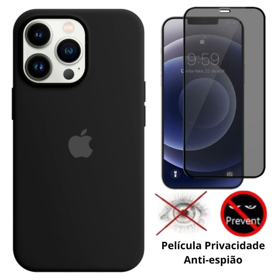 Kit 2 em 1 Capa Silicone Aveludada + Película Privacidade 3D 5D Compatível iPhone 12 12 Pro