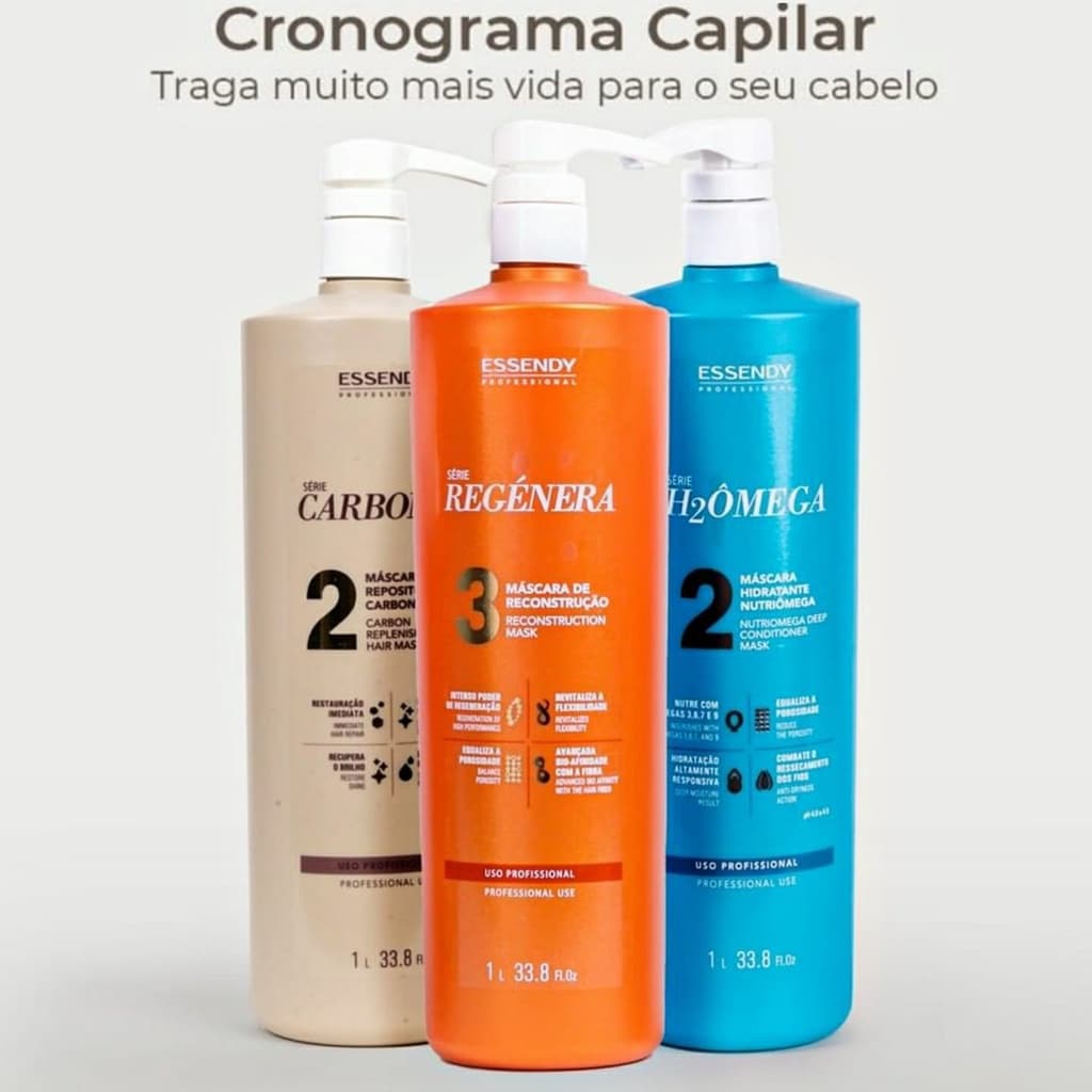 Kit Completo Cronograma Capilar 1L Essendy Linha Profissional - Máscara de Reconstrução Regénera, Máscara Repositora Car