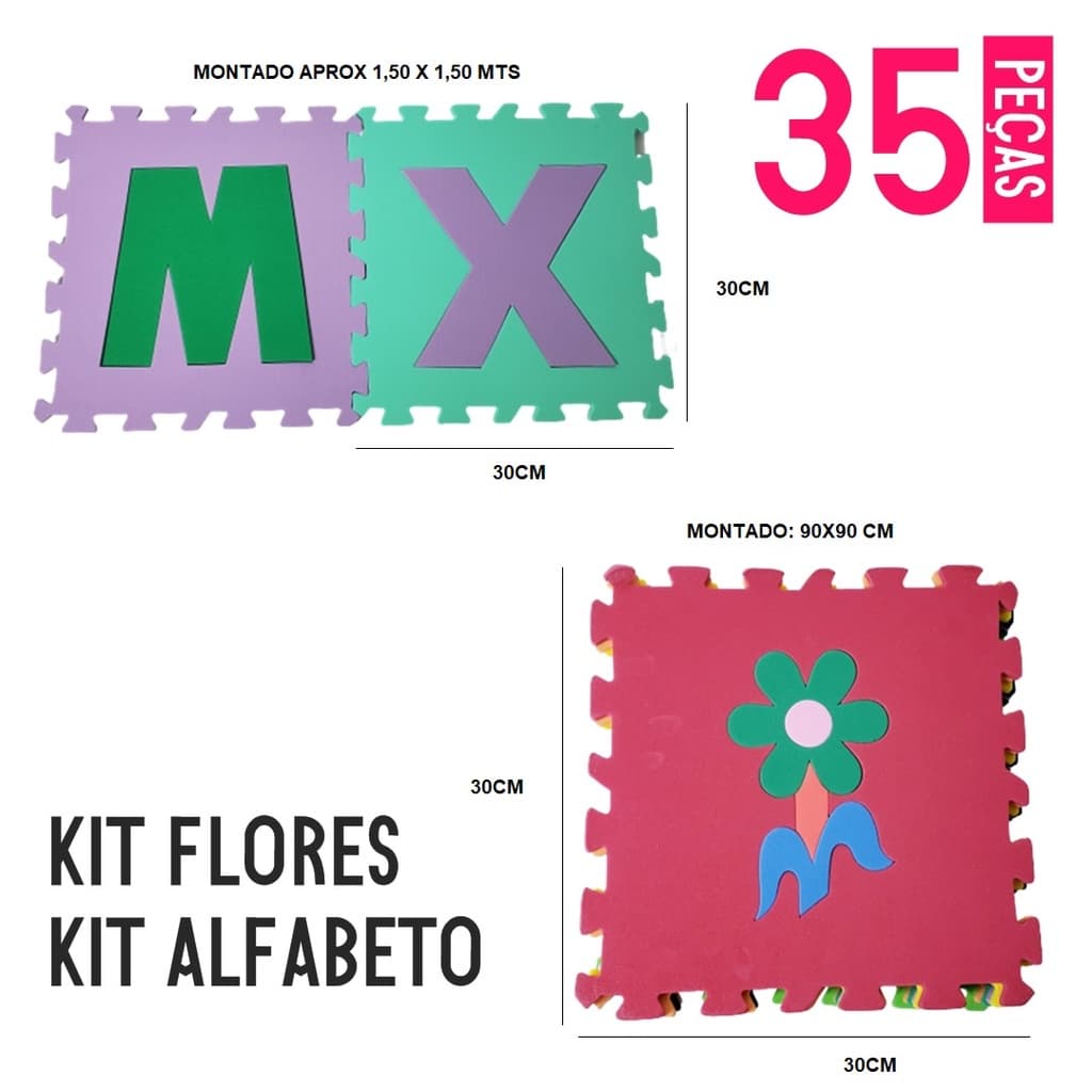Kit Tapete EVA Alfabeto + Flores 35 peças 30x30 cm