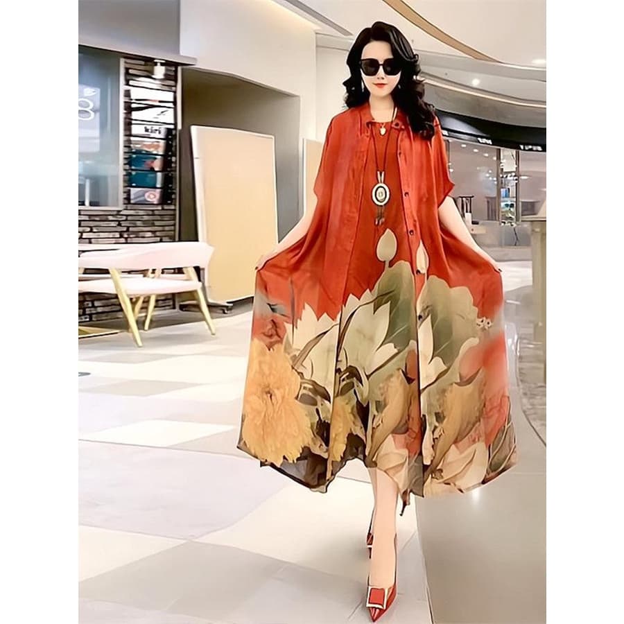 Elegante Vestido Feminino Maxi Floral Plus Tamanho Duas Peças Vintage Boêmio