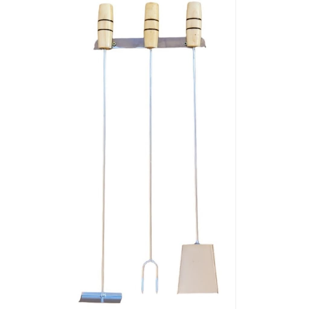 Kit Limpeza para Churrasqueira Garfo Rastelo Pá 59 cm Aço e Madeira