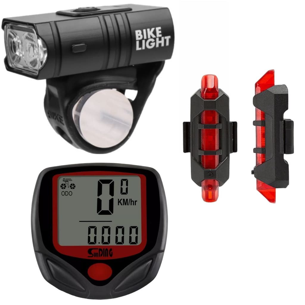 Kit Velocímetro com Fio Pisca Traseiro Lanterna Frontal com Led T6 Super Forte Recarregável