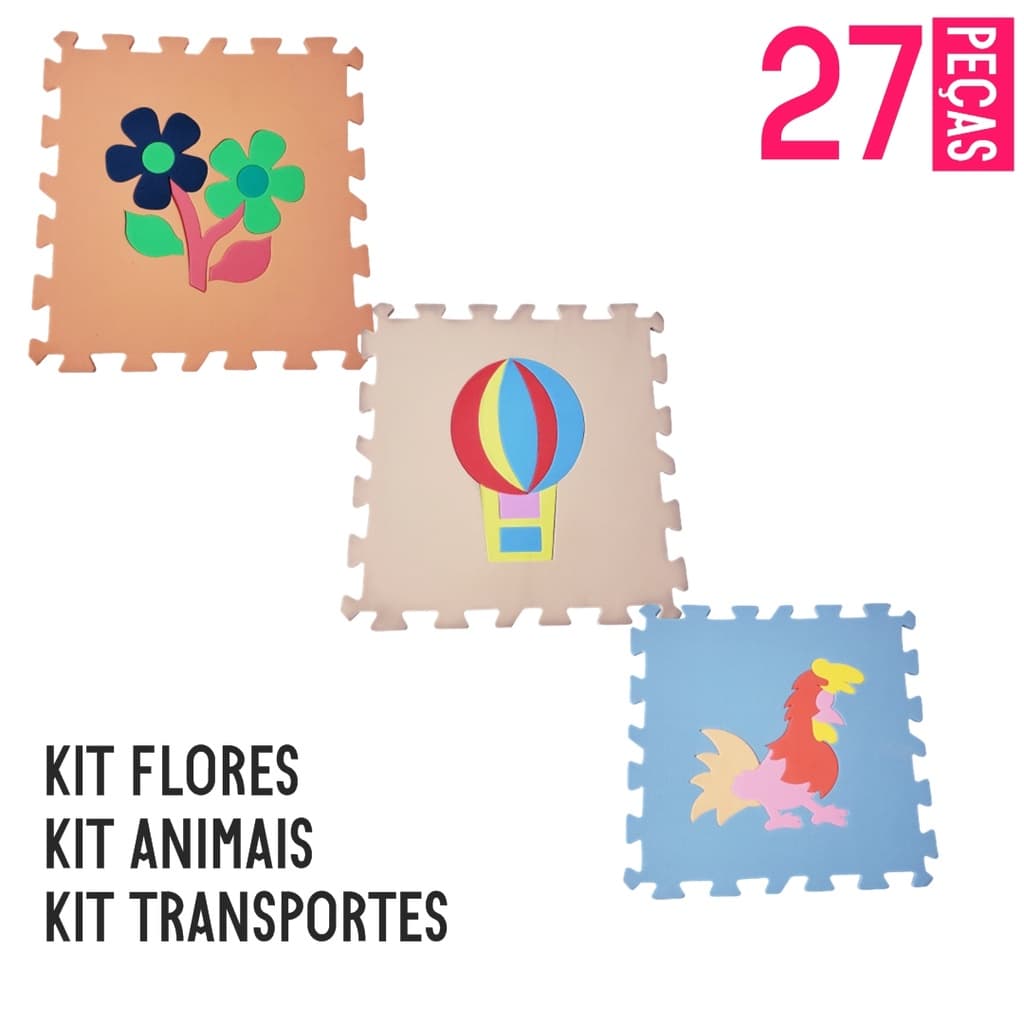 KIT TAPETE EVA 27 PÇS 30X30CM TRANSPORTE - FLORES - ANIMAIS