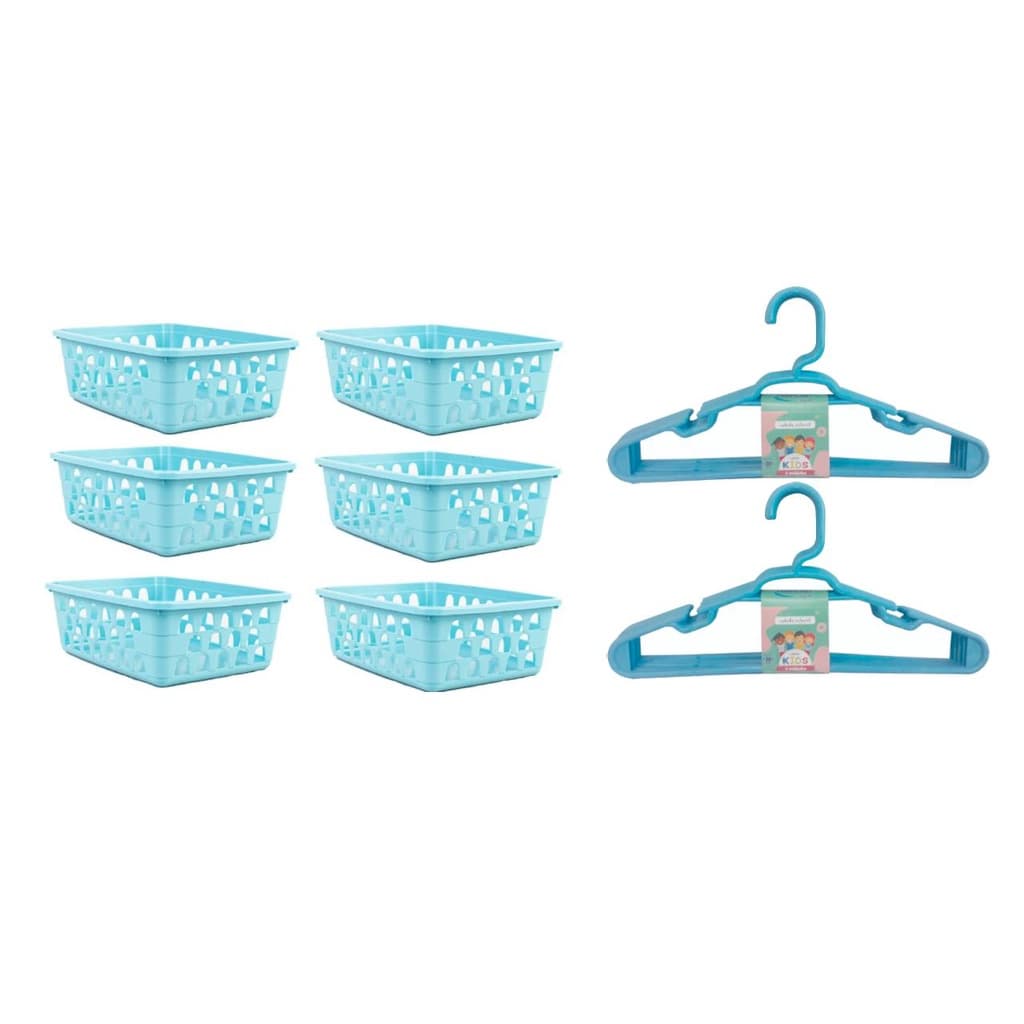Kit 6 Cestos Organizador 16x12x6Cm Azul + 10 Cabide Infantil 123Organizei
