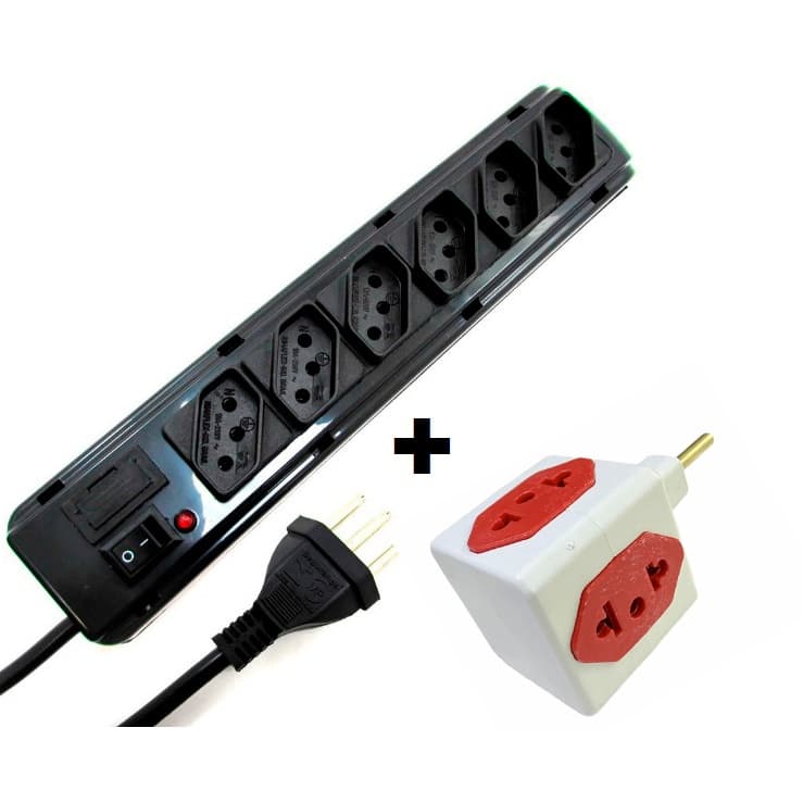 Filtro de Linha de 6 Tomadas + adaptador em cubo com 3 furos Régua Elétrica Proteção P/ Tv Som Computador Bom