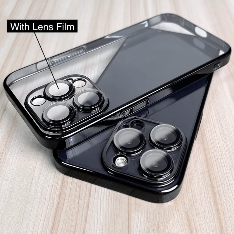 Luxo Chapeamento PC Caso Transparente Para iPhone 15 14 11 12 13 Pro 16 Max Lente Proteger Capa