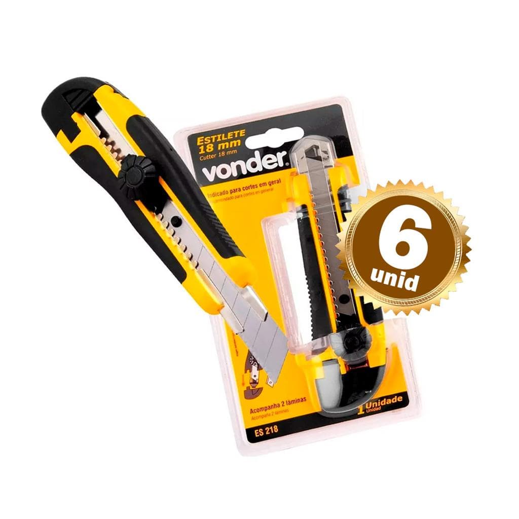 KIT 6 Estiletes Profissional Vonder Trava 18mm - ES218 Com Laminas Reserva dentro de cada estilete