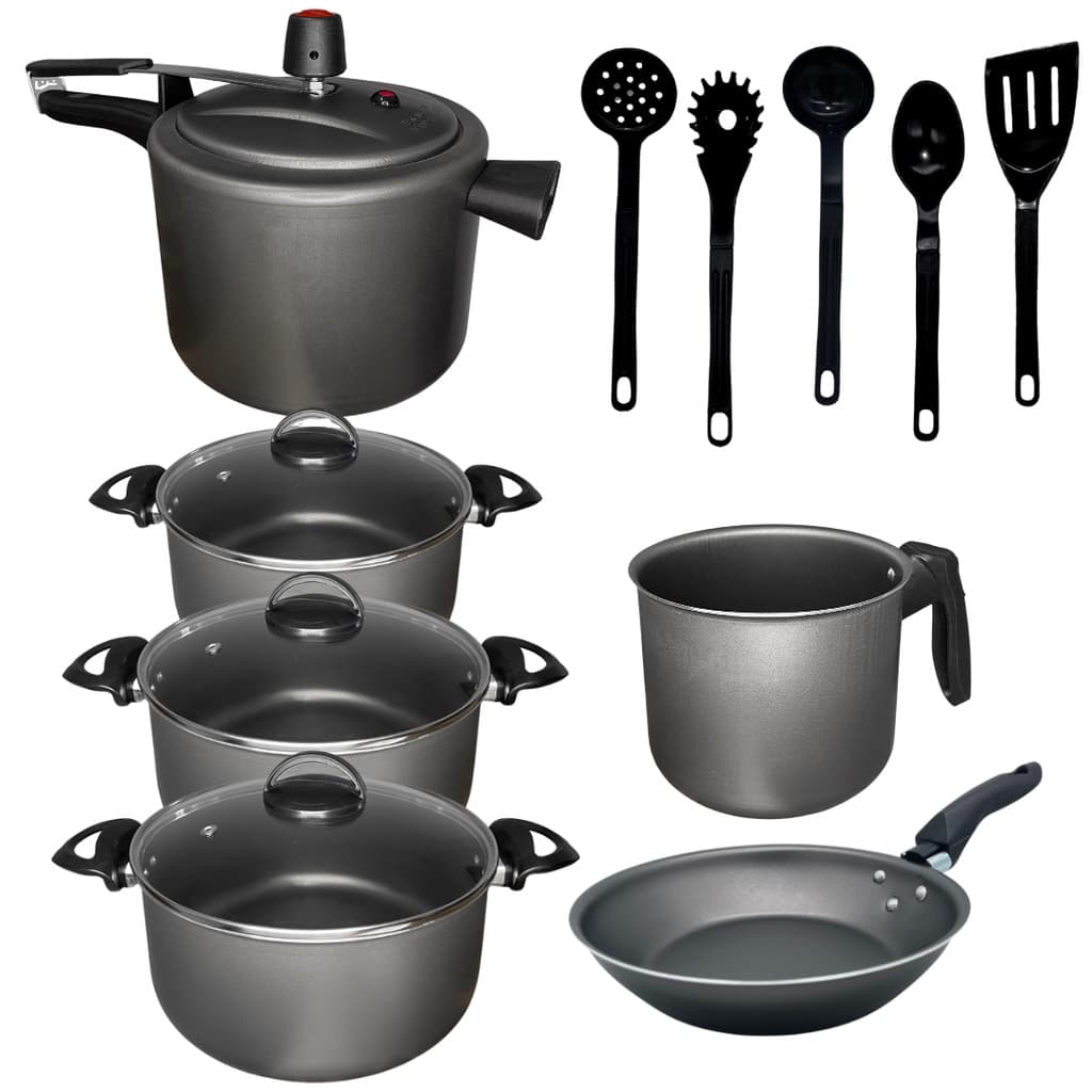 Kit Jogo de Panelas Antiaderente com Panela de Pressão 11 peças e Kit Utensilios Nylon Cor Grafite