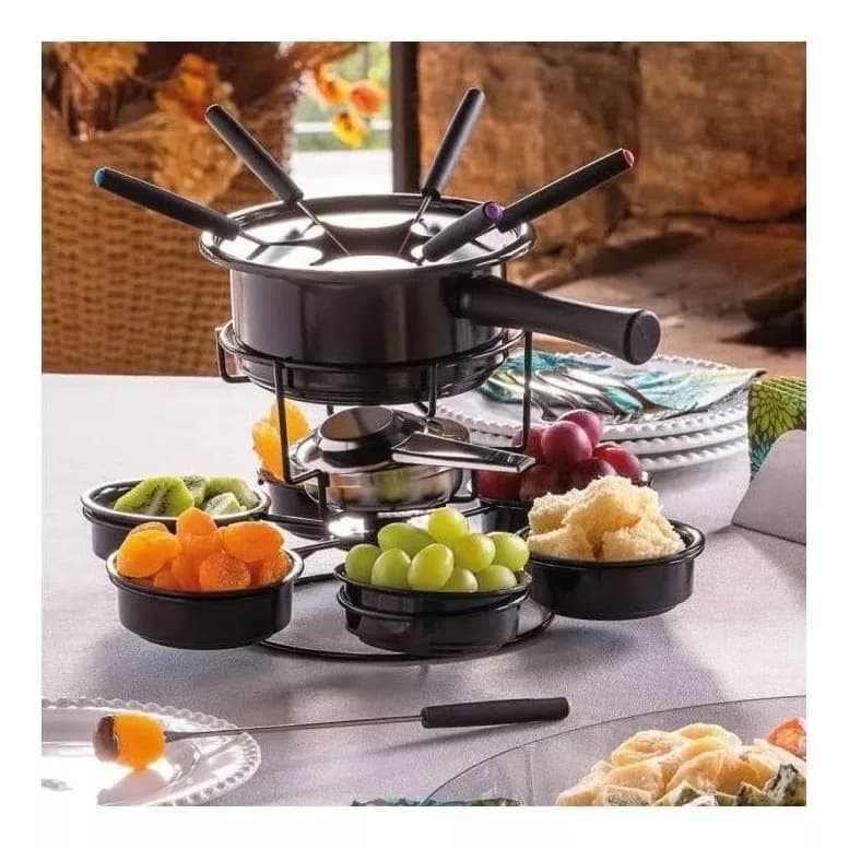 Aparelho de Fondue Giratório Viena Completo Carroussel Forma 6 pessoas queijo carne chocolate multiuso inverno