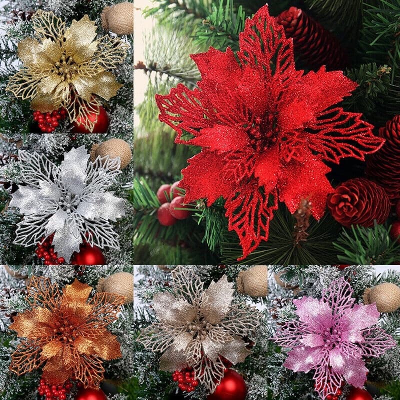 10pçs Flor Artificial Árvore De Natal Glitter Decoração De Natal Presente De Ano Novo